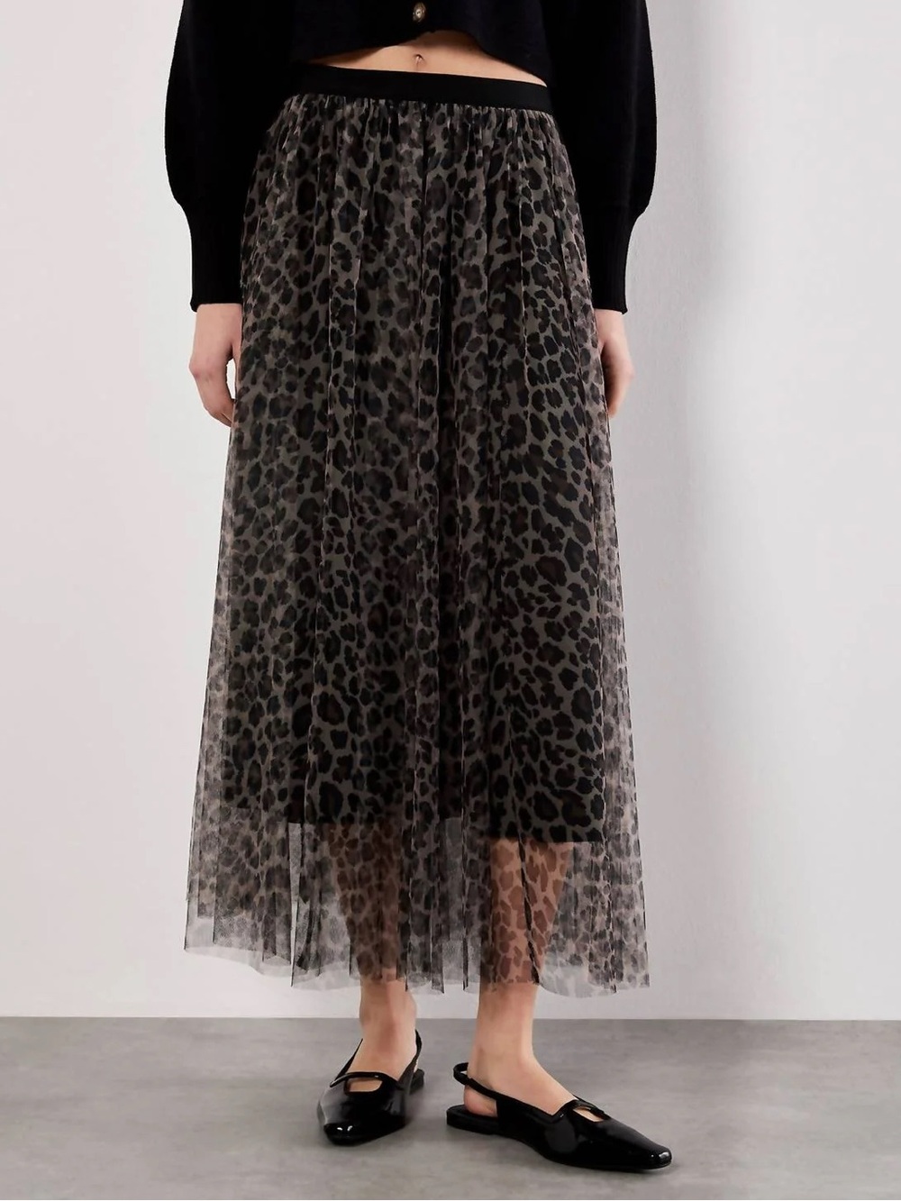 APRICOT Leopard Print Maxi Tulle Skirt - Black/Taupe